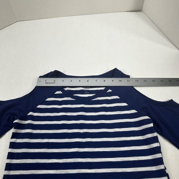 So Women Sz XS Shirt Relaxed Fit Peek-a-boo Shoulders Blue White Stripe Preowned - Picture 8 of 13